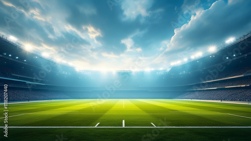 An empty soccer stadium at night. Bright lights illuminate a lush green field, surrounded by dark spectator stands under a cloudy sky. The atmosphere hints at an upcoming game.