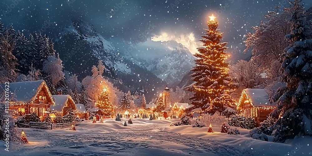 Santa's village hidden behind the mountains surrounded by Christmas trees and snow. Santa's village hidden behind the mountains surrounded by Christmas trees and snow.