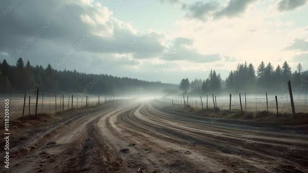 A winding dirt road disappears into a misty morning. Fog hangs low over a grassy field, bordered by a wire fence and dark evergreen trees. The scene evokes a sense of mystery and solitude. A winding dirt road disappears into a misty morning. Fog hangs low over a grassy field, bordered by a wire fence and dark evergreen trees. The scene evokes a sense of mystery and solitude.