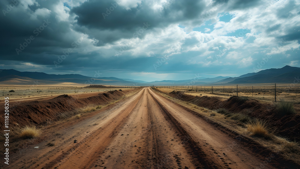 A long dirt road cuts through a vast, arid landscape under a brooding, partly cloudy sky. Mountains stretch to the horizon. A long dirt road cuts through a vast, arid landscape under a brooding, partly cloudy sky. Mountains stretch to the horizon.