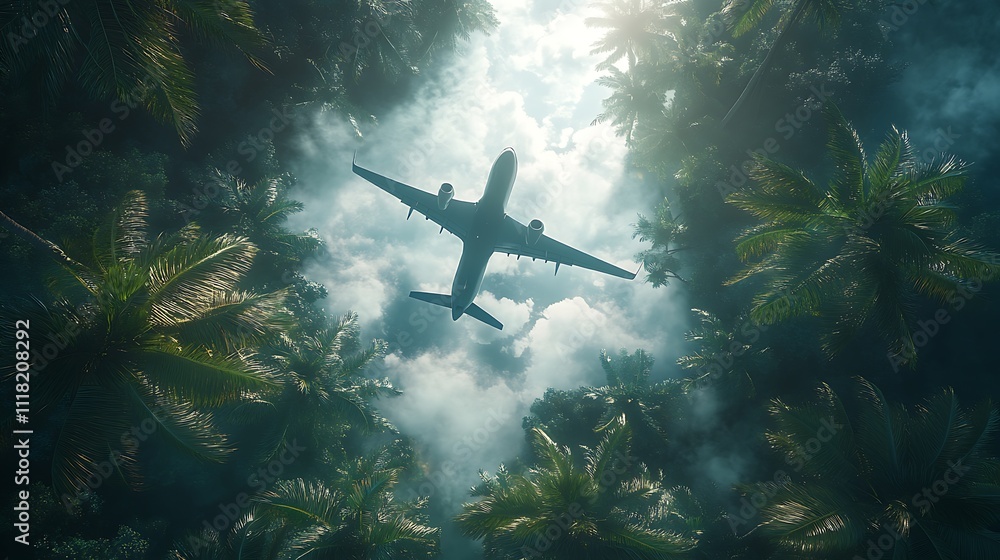 Fototapeta premium Airplane flying over lush jungle nature photography aerial view