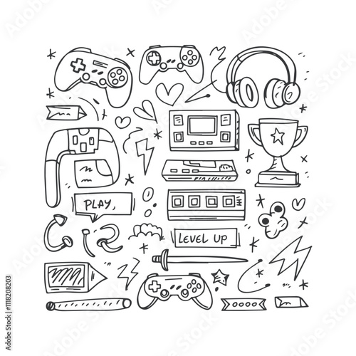 Video game hand drawn doodle set Vector Design Illustration