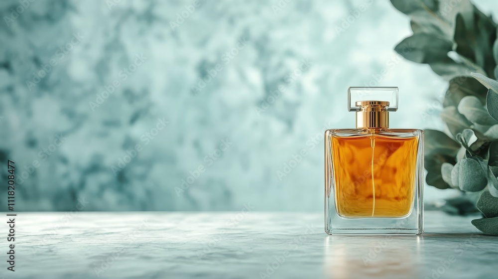 A refined perfume bottle with amber-hued contents is showcased against a soft, leafy background, reflecting an elegant and sophisticated artistic expression. A refined perfume bottle with amber-hued contents is showcased against a soft, leafy background, reflecting an elegant and sophisticated artistic expression.