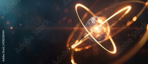 An atom symbolizes scientific discovery with glowing orbits and vibrant energy against a cosmic backdrop, sparking curiosity and awe. photo