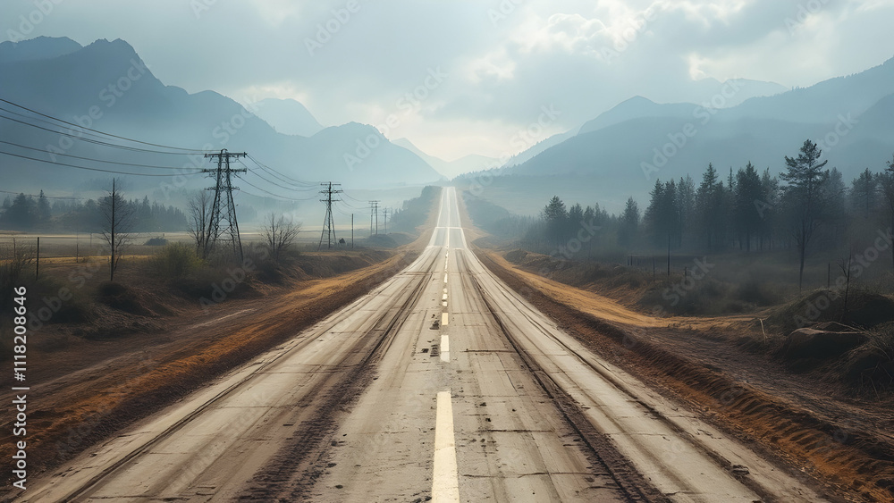 A long, straight road cuts through a misty mountain landscape. Power lines and a forest line the roadside. The sky is overcast, adding to the serene atmosphere. A long, straight road cuts through a misty mountain landscape. Power lines and a forest line the roadside. The sky is overcast, adding to the serene atmosphere.