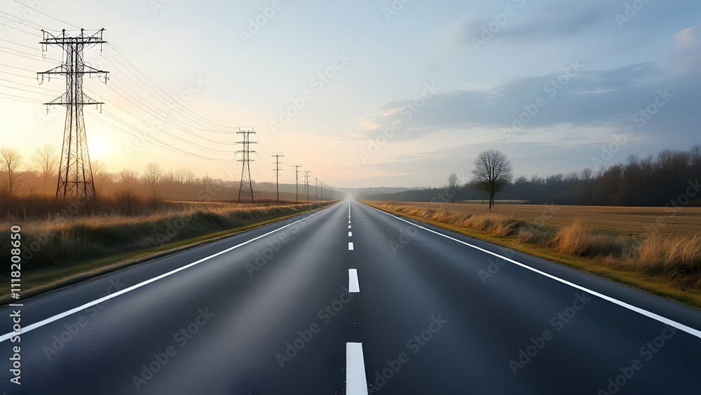 A long asphalt road stretches to the horizon under a sunset sky. Power lines flank the road, passing through a rural landscape with fields and a lone tree. The scene evokes a sense of journey and open A long asphalt road stretches to the horizon under a sunset sky. Power lines flank the road, passing through a rural landscape with fields and a lone tree. The scene evokes a sense of journey and open