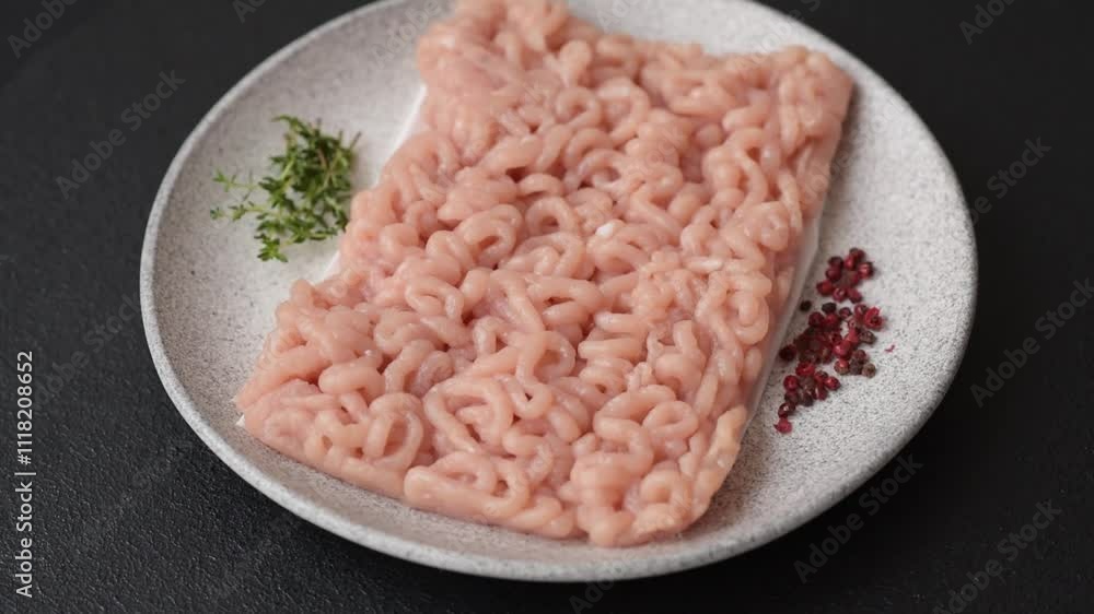 Raw minced chicken with salt, spices and herbs on a dark concrete background Raw minced chicken with salt, spices and herbs on a dark concrete background
