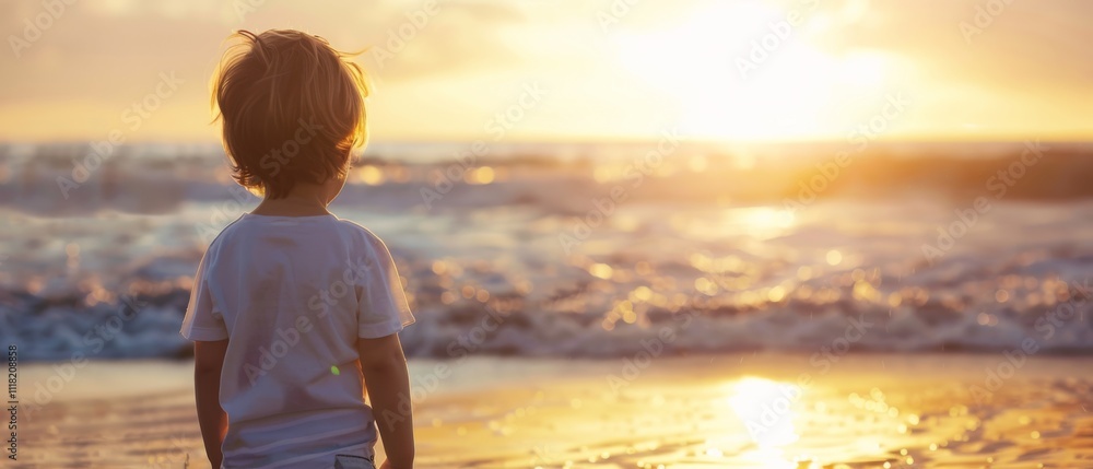 A child gazes at a golden sunset over the ocean, capturing a moment of wonder and tranquility. A child gazes at a golden sunset over the ocean, capturing a moment of wonder and tranquility.