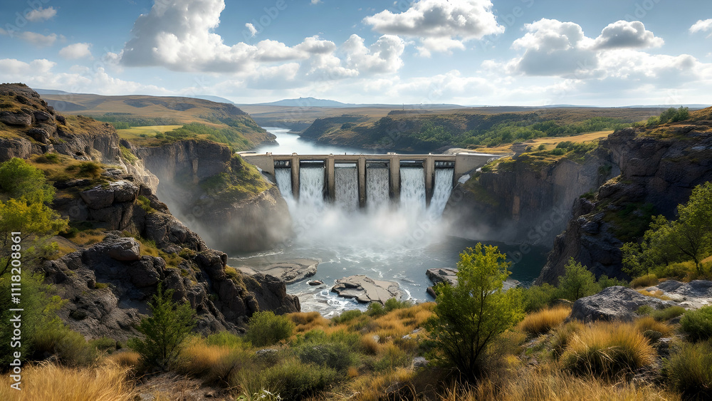 A massive dams waterfall cascades into a river valley, surrounded by rocky cliffs and vegetation under a partly cloudy sky. The scene is picturesque and serene. A massive dams waterfall cascades into a river valley, surrounded by rocky cliffs and vegetation under a partly cloudy sky. The scene is picturesque and serene.