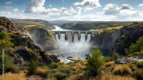 A massive dams waterfall cascades into a river valley, surrounded by rocky cliffs and vegetation under a partly cloudy sky. The scene is picturesque and serene.