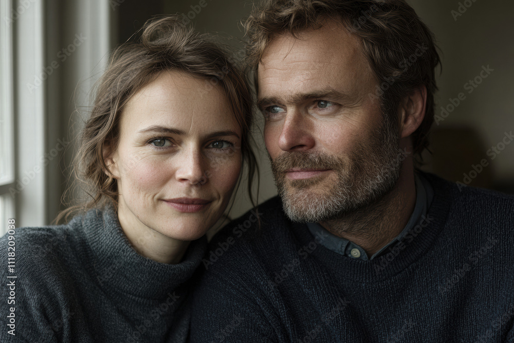 Intimate couple portrait with intense gaze and soft expressions Intimate couple portrait with intense gaze and soft expressions