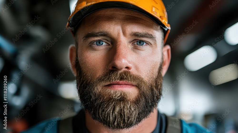 A bearded worker wearing an orange helmet stares attentively toward the camera, highlighting focus and attention to detail in an industrial setting. A bearded worker wearing an orange helmet stares attentively toward the camera, highlighting focus and attention to detail in an industrial setting.