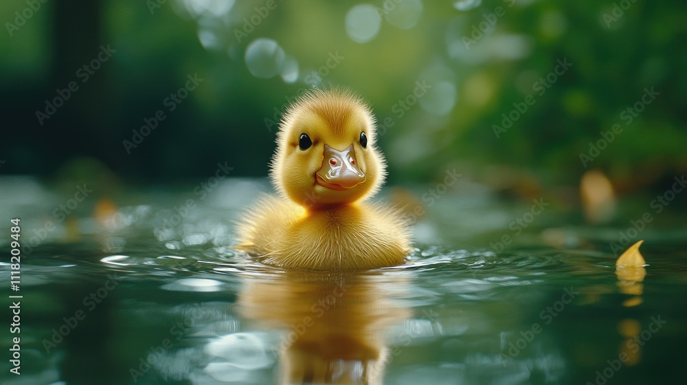 Adorable yellow duckling swimming in calm water, surrounded by bokeh. Adorable yellow duckling swimming in calm water, surrounded by bokeh.