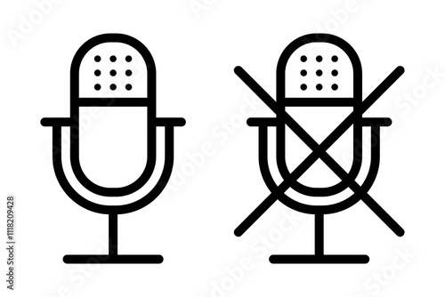 Outline microphone on and mute icon. Template for audio, music or podcast design. Editable stroke. Isolated vector illustration
