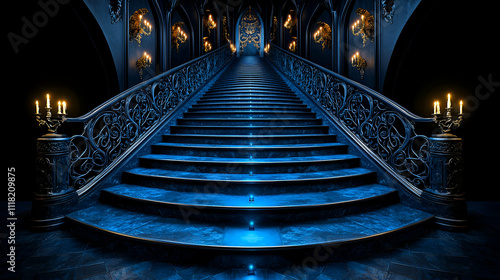 A grand staircase illuminated by candles, leading into a mysterious dark hall with elegant blue hues and ornate railings.