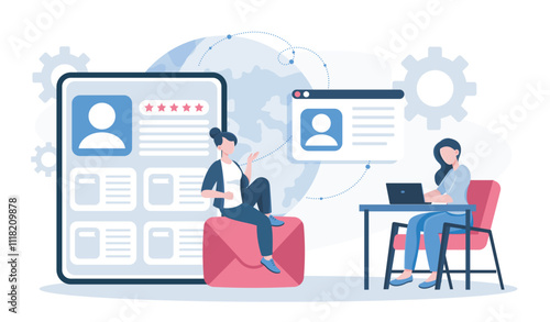 People networking online. Woman writes comments on social networks. Ranking and rating. Users feedback and reviews on internet. Flat vector illustration