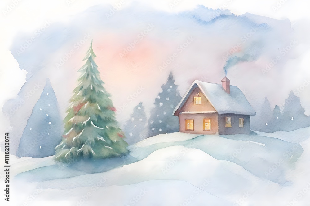 winter landscape with cozy home and christmas tree watercolor isolated on transparent background winter landscape with cozy home and christmas tree watercolor isolated on transparent background