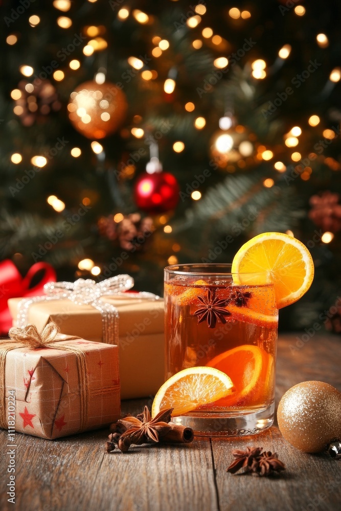 Vaso bajo con ponche de naranja decorado con rodajas de naranja, anís estrellado y ramas de canela. Fondo navideño con regalos y luces.
Vaso bajo con ponche de naranja decorado con rodajas de naranja, anís estrellado y ramas de canela. Fondo navideño con regalos y luces.