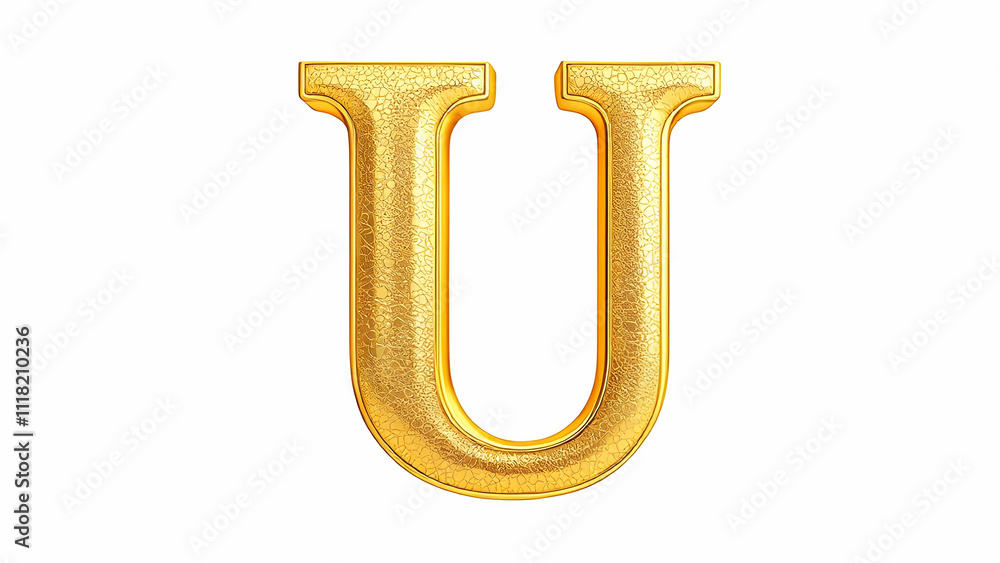 A 3D rendered image of a capital letter U. The letter is gold with a cracked, textured surface, giving it a luxurious and elegant appearance. Its isolated on a white background. A 3D rendered image of a capital letter U. The letter is gold with a cracked, textured surface, giving it a luxurious and elegant appearance. Its isolated on a white background.