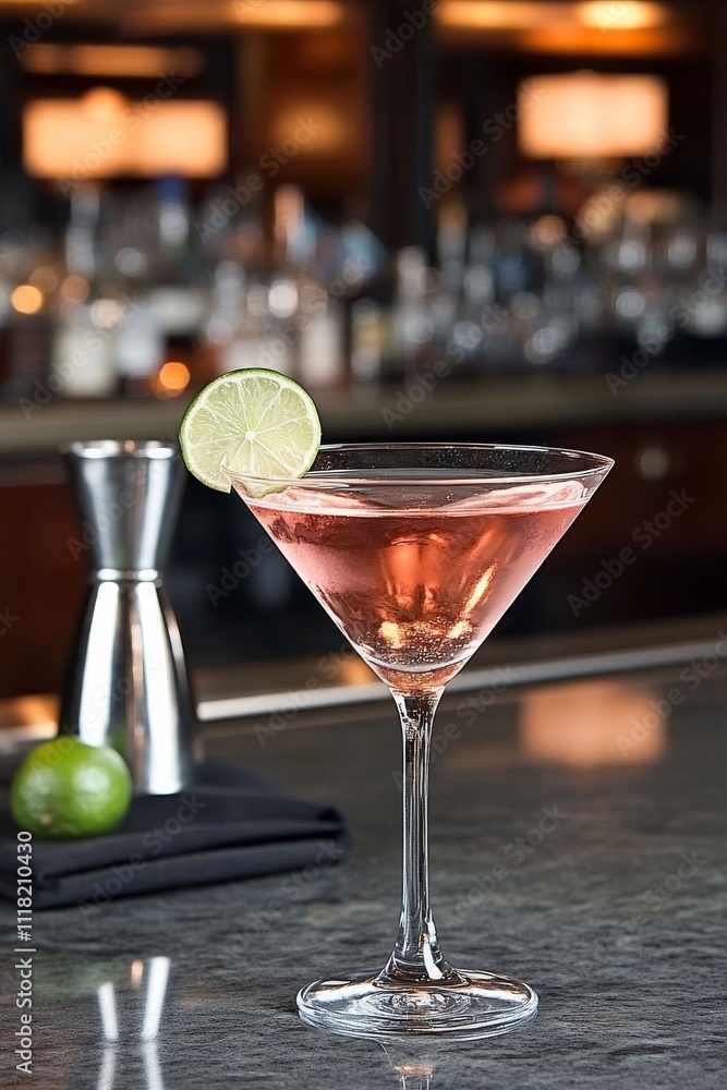 Cóctel rosado servido en copa de martini, decorado con una rodaja de lima. Fondo de bar con iluminación tenue.
Cóctel rosado servido en copa de martini, decorado con una rodaja de lima. Fondo de bar con iluminación tenue.
