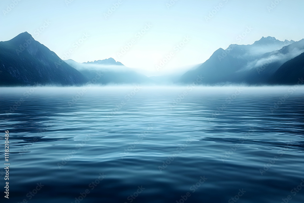 Serene misty lake nestled between majestic mountains. Serene misty lake nestled between majestic mountains.