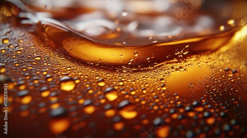 Close-up of condensation and bubbles on a dark amber liquid.