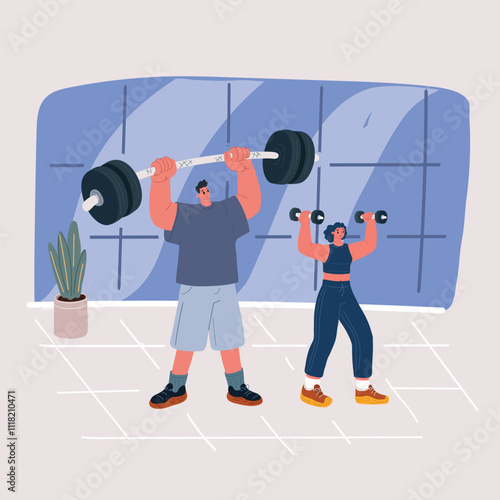 Vector illustration of the concept of a man lifting a barbell and a woman exercising with dumbbells, symbolizing strength and fitness