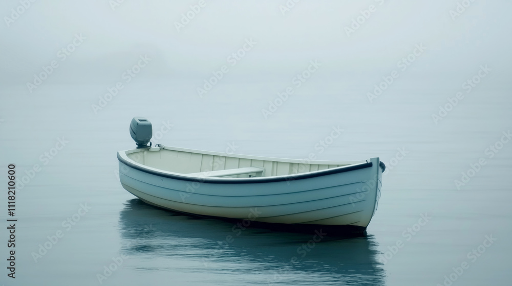 Serene boat floating in a misty lake. Serene boat floating in a misty lake.