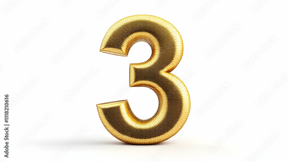 A 3D rendering of the number three. Gold, metallic, textured and shiny. Its set against a clean white background. Bold and luxurious. A 3D rendering of the number three. Gold, metallic, textured and shiny. Its set against a clean white background. Bold and luxurious.