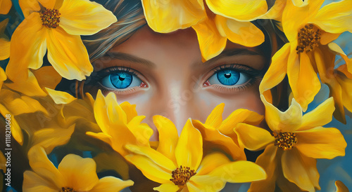 Um retrato ousado com foco intenso em um par de olhos azuis vívidos espreitando através de flores amarelas, cheios de curiosidade e energia, sob uma iluminação natural vibrante. photo