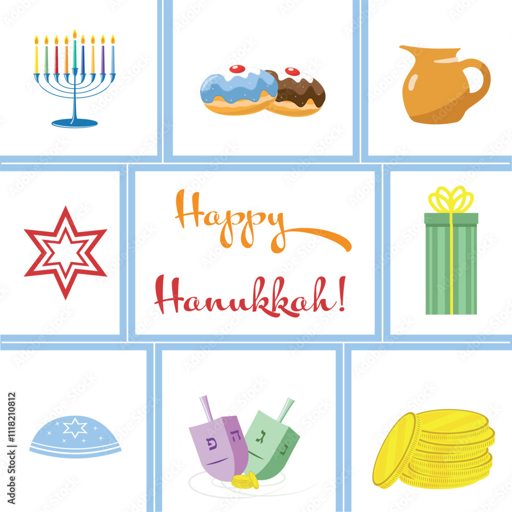 Naklejka premium A Hanukkah greeting card with traditional Hanukkah symbols