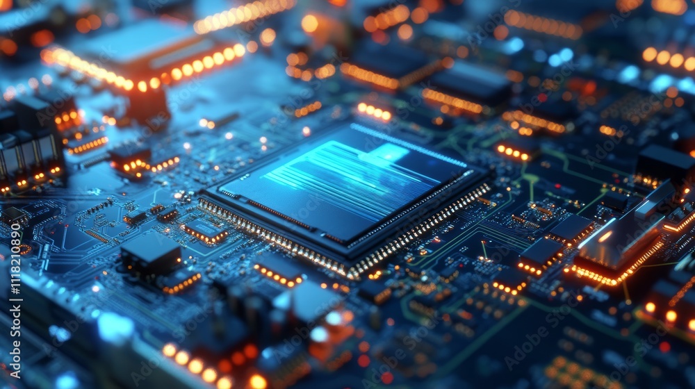 Close-up of a computer processor chip on a circuit board, glowing blue. Close-up of a computer processor chip on a circuit board, glowing blue.