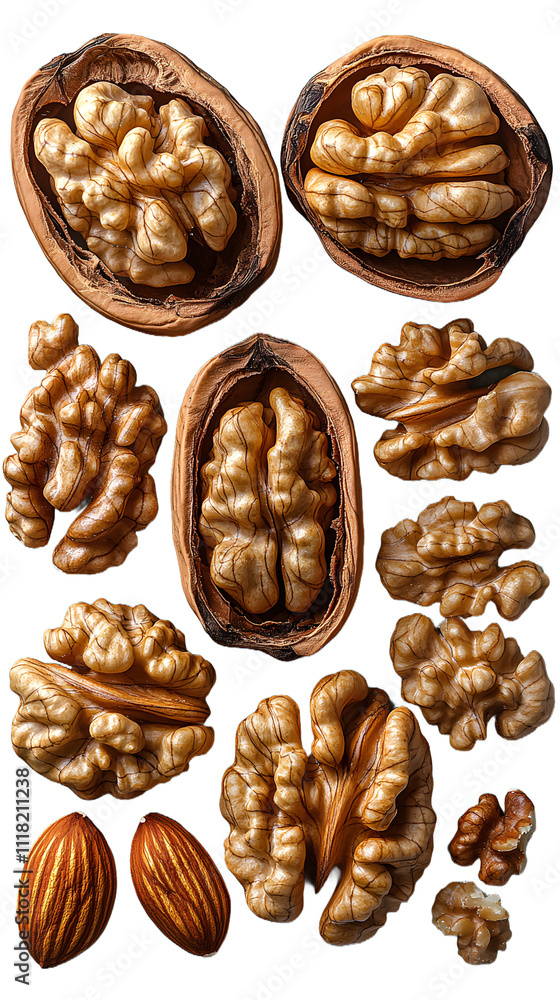 A collection of whole walnuts isolated on a transparent background, cutout in high detail, showcasing the textured shells and the natural, earthy tones of the nuts. This image highlights the rich, nut A collection of whole walnuts isolated on a transparent background, cutout in high detail, showcasing the textured shells and the natural, earthy tones of the nuts. This image highlights the rich, nut