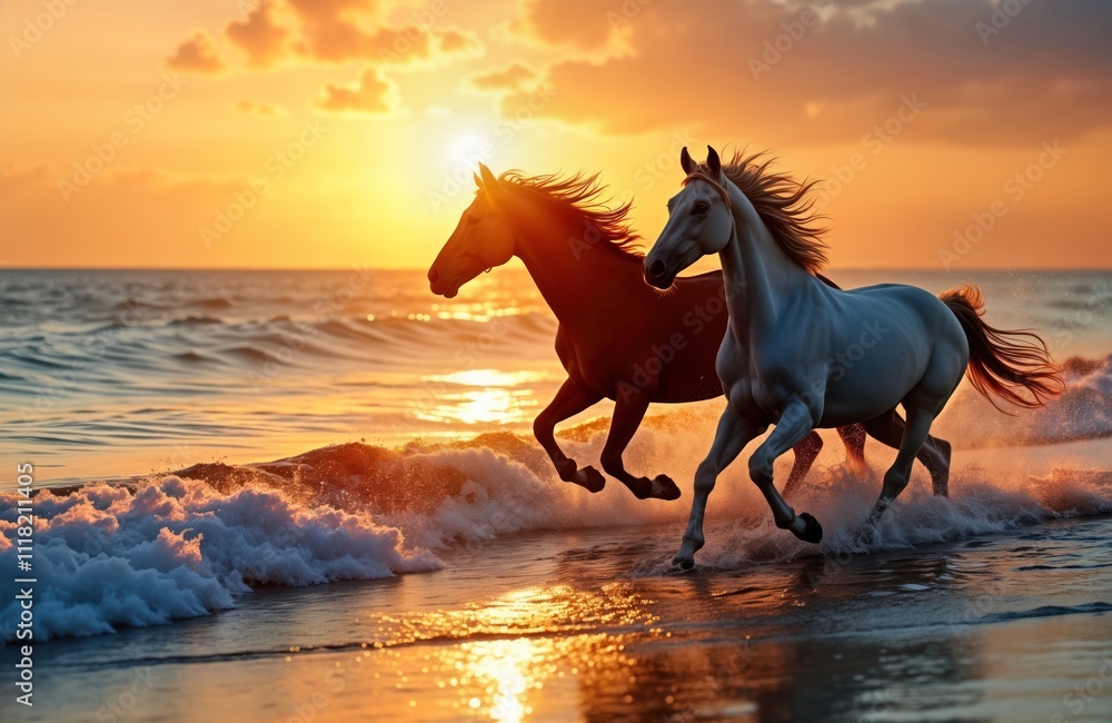 Beautiful horses run on beach at sunset. Majestic animals gallop through shallow water. Golden light reflects on waves. Nature landscape. Summer time. Ocean shore. Horses enjoy freedom of wild Beautiful horses run on beach at sunset. Majestic animals gallop through shallow water. Golden light reflects on waves. Nature landscape. Summer time. Ocean shore. Horses enjoy freedom of wild
