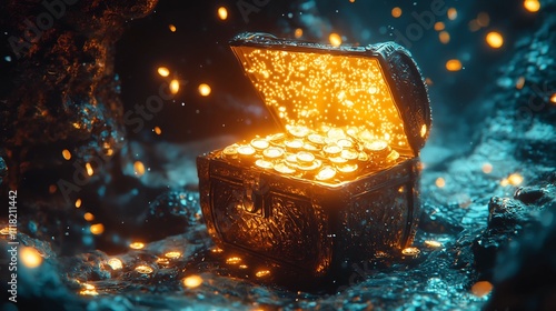 Glowing Treasure Chest in a Digital Cave with Holographic Coins Symbolizing Virtual Wealth
