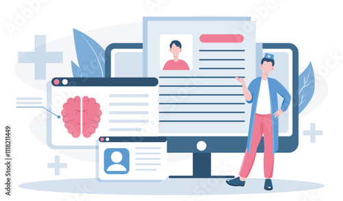 Online neurologist concept. Man in medical uniform near structure and diagram of brain. Anatomy and biology. Healthcare worker and medicine, hospital occupation. Flat vector illustration