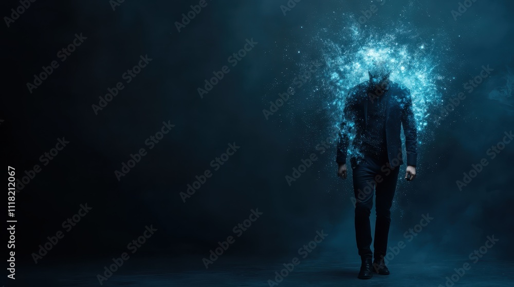 A suited figure stands amidst swirling cosmic particles, symbolizing mystery, transformation, and the merging of human consciousness with the universe. A suited figure stands amidst swirling cosmic particles, symbolizing mystery, transformation, and the merging of human consciousness with the universe.