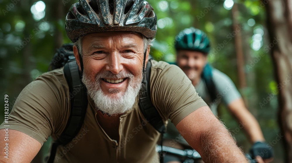 A cheerful elderly cyclist with a gray beard rides confidently through a forest path, depicting a sense of leadership, vitality, and connection with nature. A cheerful elderly cyclist with a gray beard rides confidently through a forest path, depicting a sense of leadership, vitality, and connection with nature.