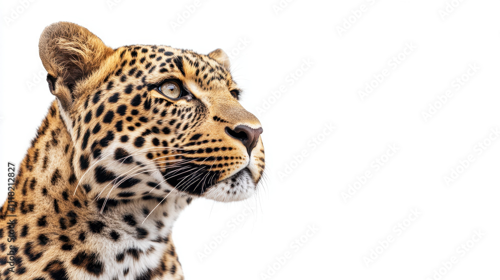 Obraz premium Portrait of a majestic leopard with striking markings and focused gaze against a stark white background, showcasing its wild beauty and elegance.