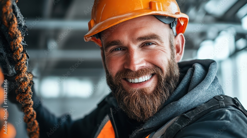 A bearded construction worker with a bright smile and an orange safety helmet stands at a job site, presenting a sense of hard work, dedication, and friendly demeanor. A bearded construction worker with a bright smile and an orange safety helmet stands at a job site, presenting a sense of hard work, dedication, and friendly demeanor.