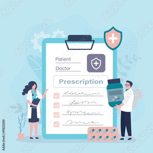 Team of pharmacists with medicines and prescription. Obtaining or buying prescription drugs. Medicine and pharmacy concept, healthcare, disease therapy pills,