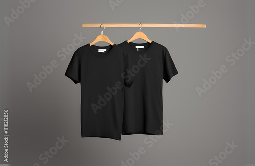 Two black sports t-shirts presented in a front and back view on a neutral gray background, suitable for mockup designs photo