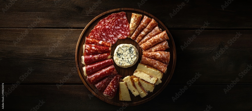 Close-Up of Charcuterie Board with Salami Rolls, Cheese Variety, and Space for Text, Perfect for Party Concepts Close-Up of Charcuterie Board with Salami Rolls, Cheese Variety, and Space for Text, Perfect for Party Concepts