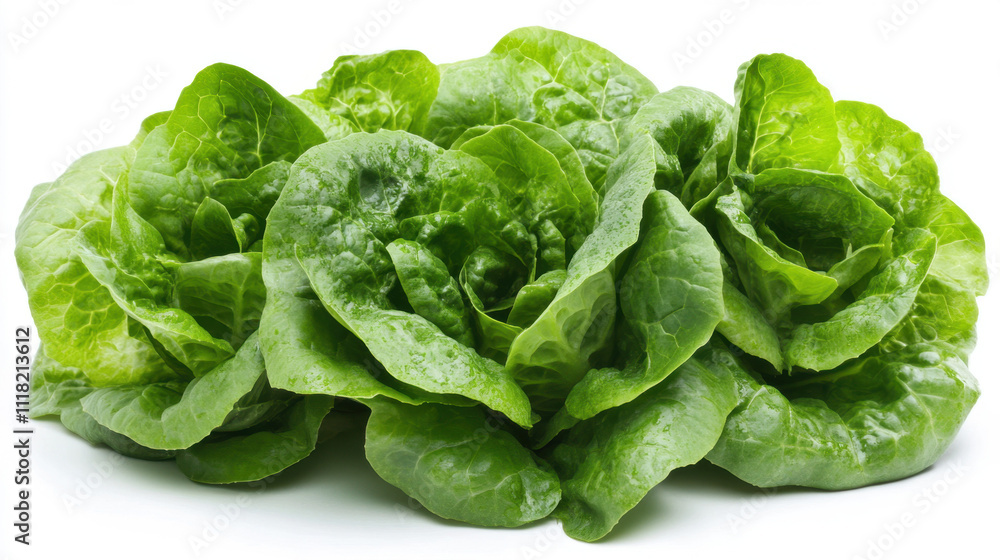 Fresh green butterhead lettuce with vibrant, crisp leaves arranged in a symmetrical pattern on a clean white background. Fresh green butterhead lettuce with vibrant, crisp leaves arranged in a symmetrical pattern on a clean white background.