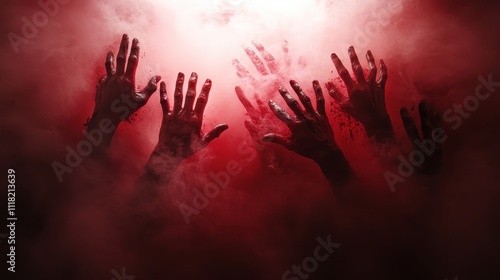 Numerous skeletal hands extend from a murky red mist, enveloping the scene in darkness and embodying concepts of fear, confusion, and relentless grasping. photo