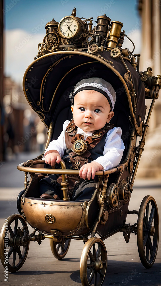 baby in a stylish steampunk stroller on the street. steampunk universe.