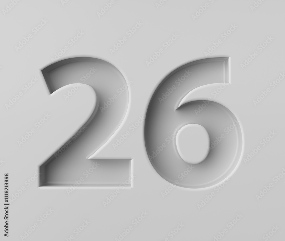 Sleek White Number 26 Twenty Six With Subtle Shadow Embossed Into Grey Background 3D Illustration Sleek White Number 26 Twenty Six With Subtle Shadow Embossed Into Grey Background 3D Illustration