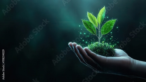 A hand delicately holds a small plant against a dark background, with digital effects giving a futuristic appearance. The glowing leaves suggest growth and potential. photo