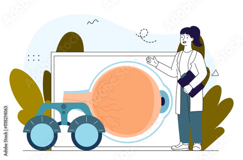 Ophthalmologist with equipment. Oculist near eye scheme. Anatomy and biology. Healthcare and medicine, diagnosis and treatment. Linear vector illustration
