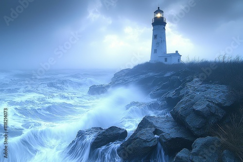 Majestic lighthouse overlooking stormy ocean waves on a cloudy evening photo